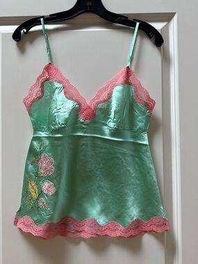 Gold Hawk 100% Silk Mint Green Camisole with Pink Lace & Floral Embroidery